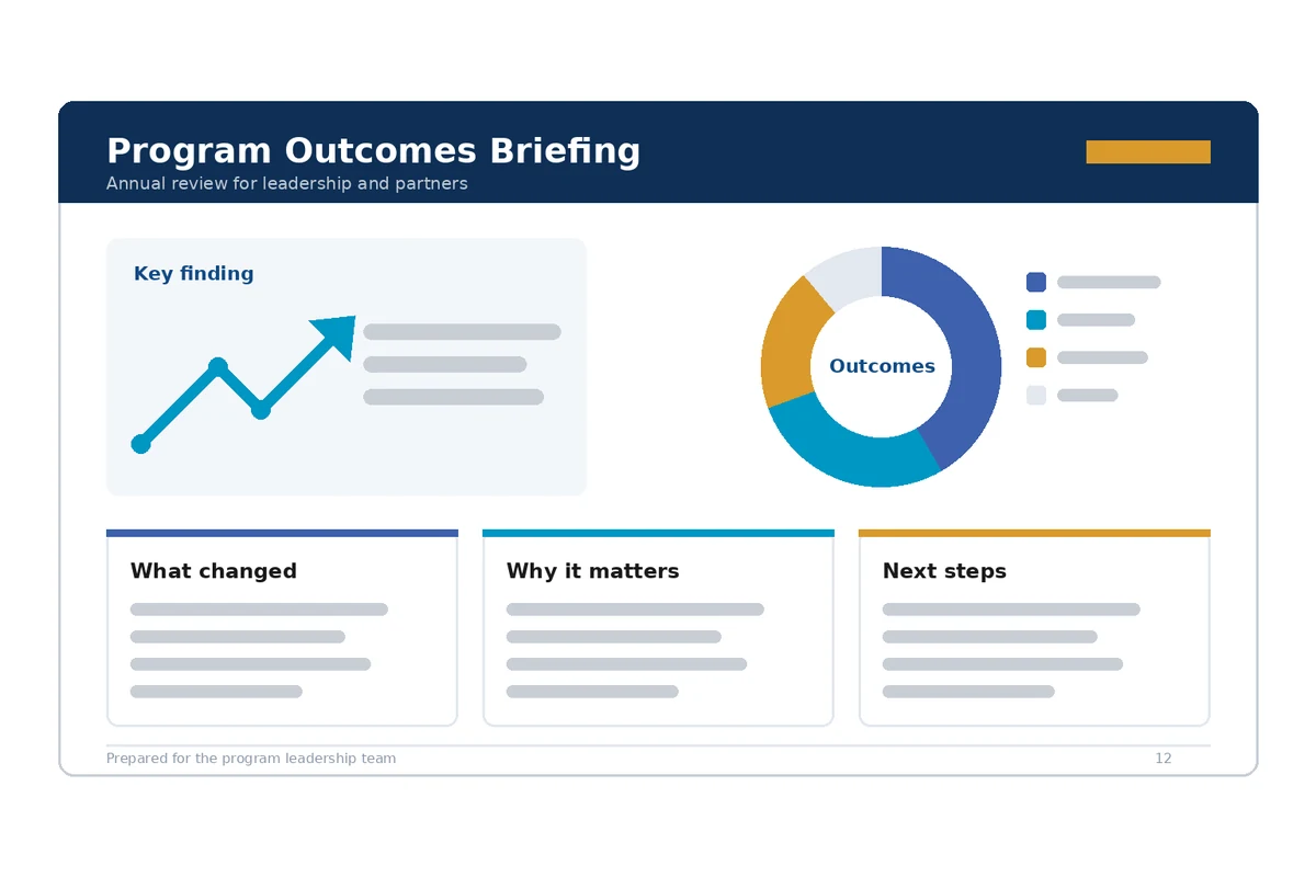 Illustrative briefing slide with a key finding, an outcomes chart, and takeaway panels.