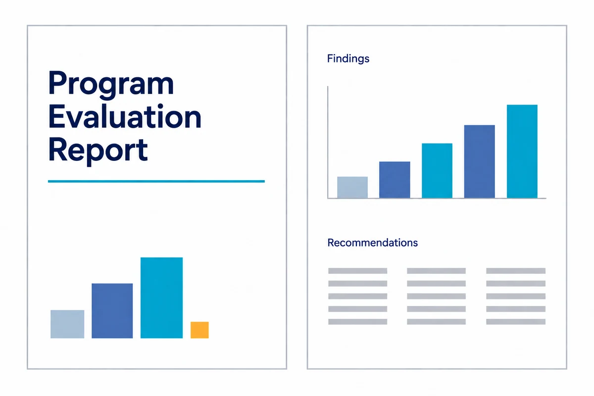 Illustrative Program Evaluation Report cover beside a findings and recommendations page.