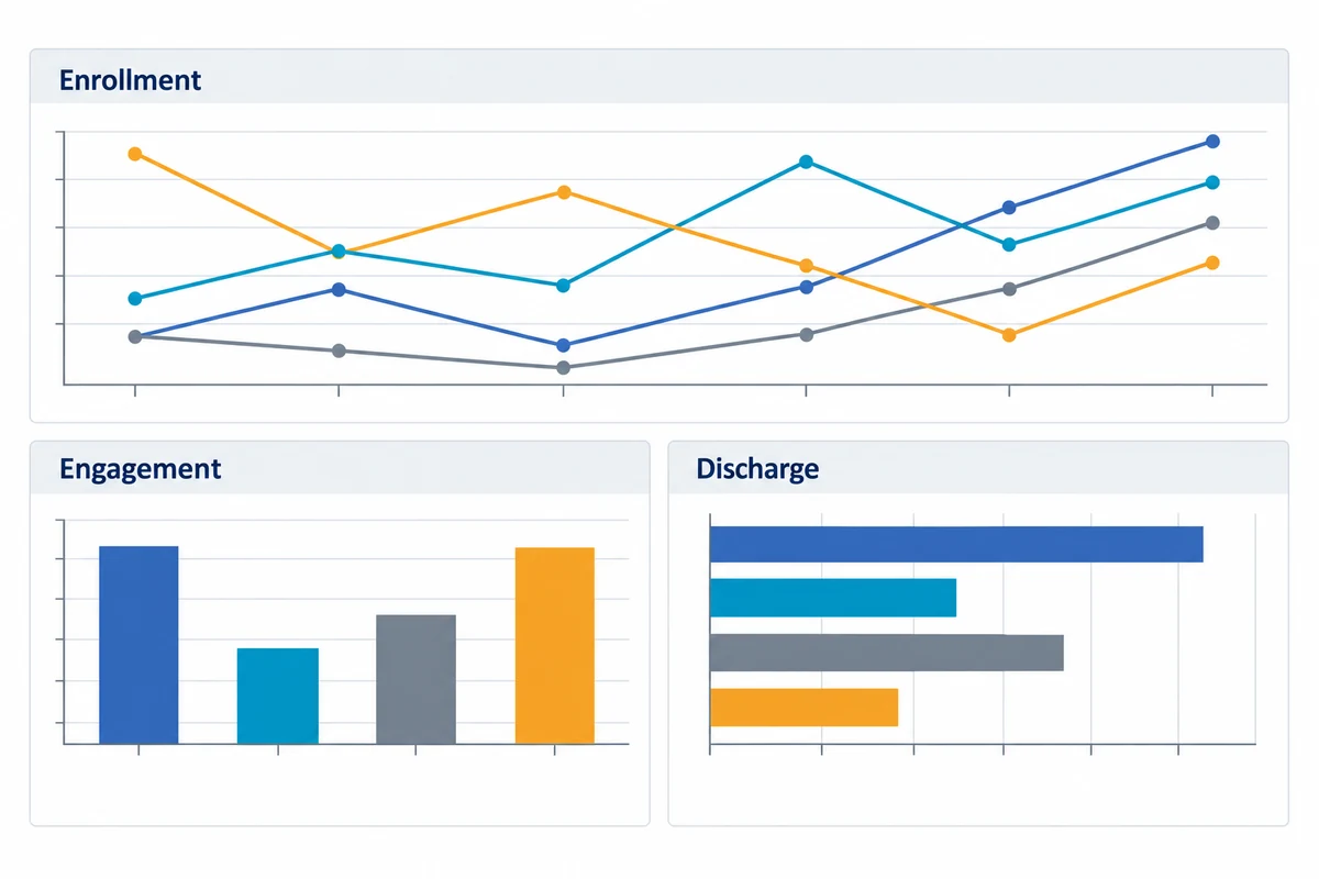 Illustrative program dashboard with enrollment, engagement, and discharge charts.